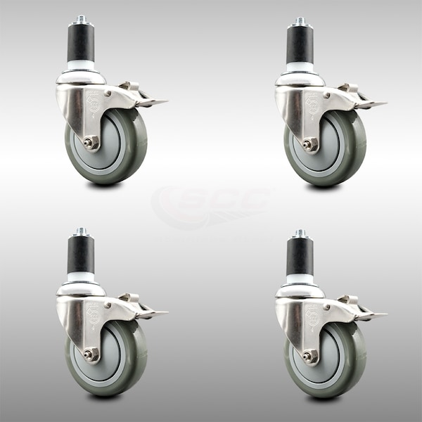 Service Caster 4 Inch 316SS Gray Poly Swivel 1-1/2 Inch Expanding Stem Caster Set Lock Brake SCC-SS316TTLEX20S414-PPUB-112-4 - main